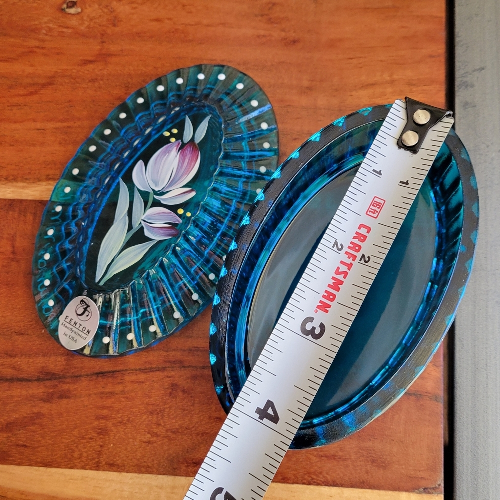 Vintage Fenton Art Glass USA Oval Turquoise Blue Color Hand Painted Floral RARE - Picture 10 of 13